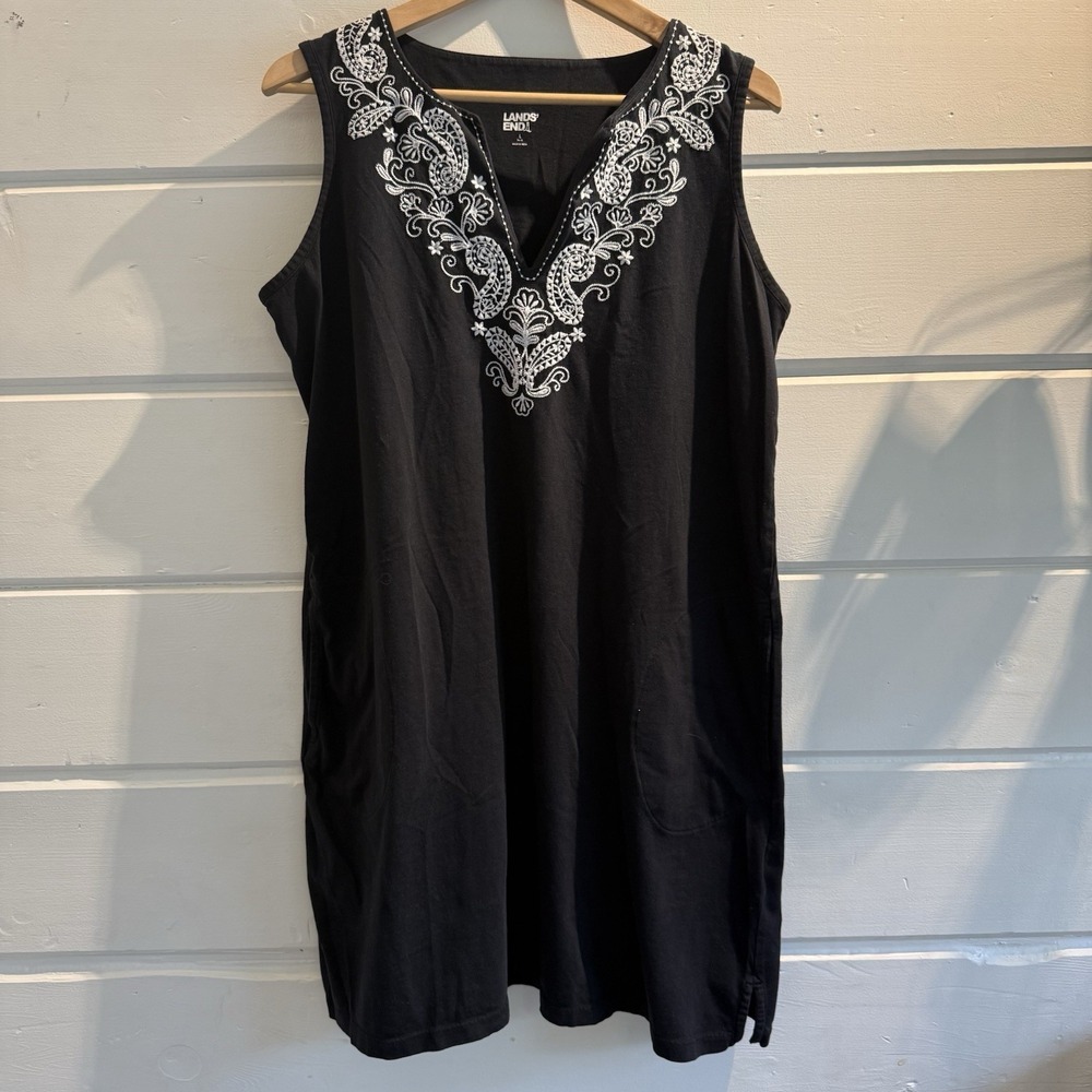 Land's End Black Sleeveless Dress w/White Embroidered Neckline~Size L (14-16)